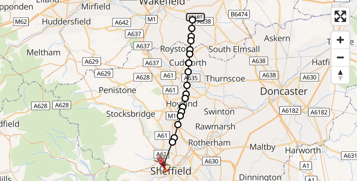 Flight path map showing Air Ambulance Helicopter route from YAA Nostell Helicopter Port to Sheffield