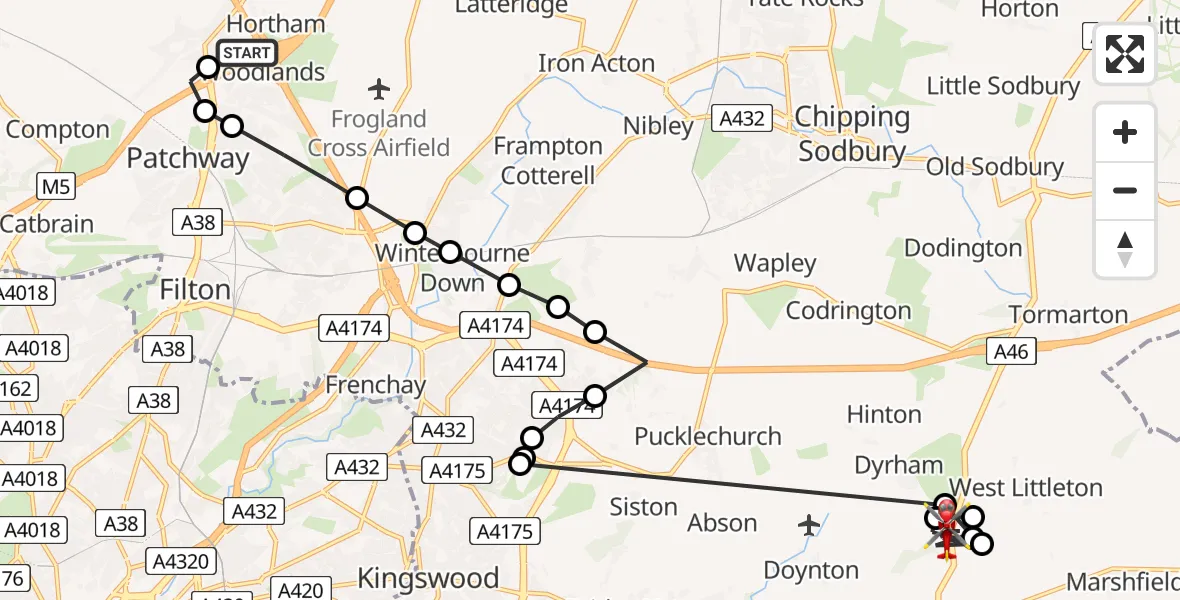 Flight path map showing Air Ambulance Helicopter route from Almondsbury Helicopter Base to Marshfield