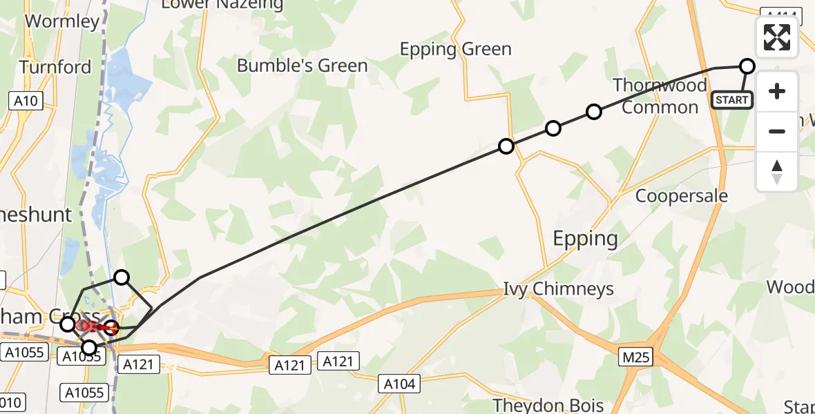 Flight path map showing Air Ambulance Helicopter route from North Weald Airfield to Waltham Cross