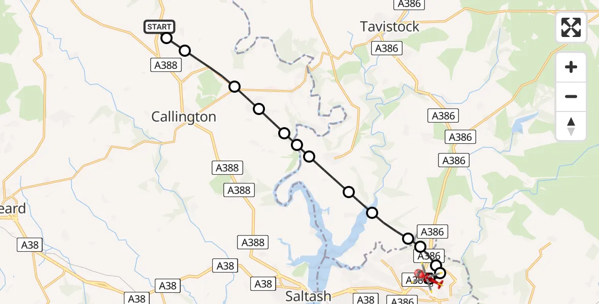 Flight path map showing Air Ambulance Helicopter route from Venterdon to Derriford Hospital