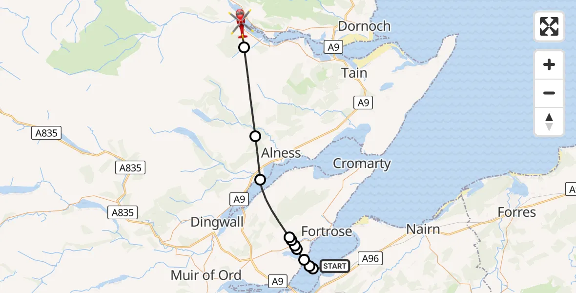 Flight path map showing Air Ambulance Helicopter route from Inverness to Ardgay