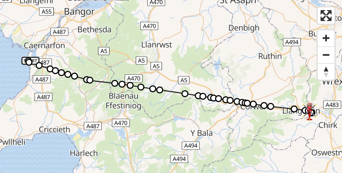 Flight path map showing Air Ambulance Helicopter route from Caernarfon Airport to Llangollen