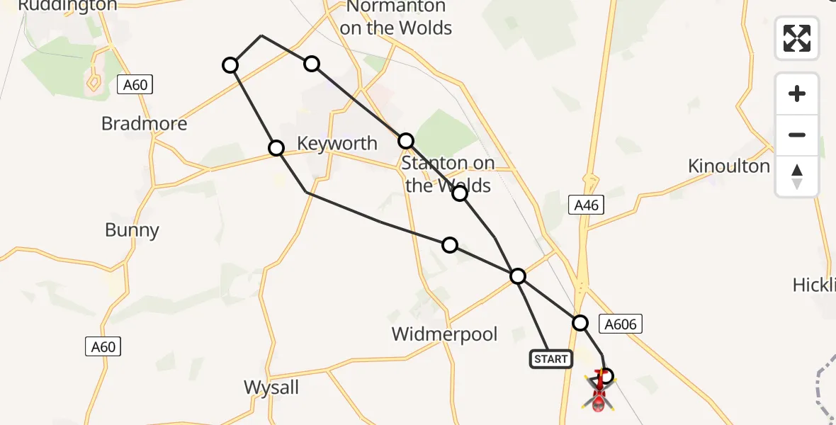 Flight path map showing Air Ambulance Helicopter route from Widmerpool to Nottingham Heliport
