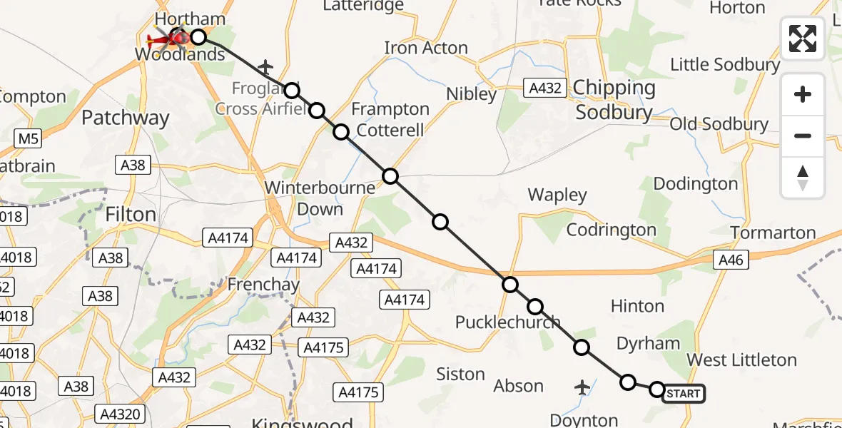 Flight path map showing Air Ambulance Helicopter route from Marshfield to Almondsbury Helicopter Base