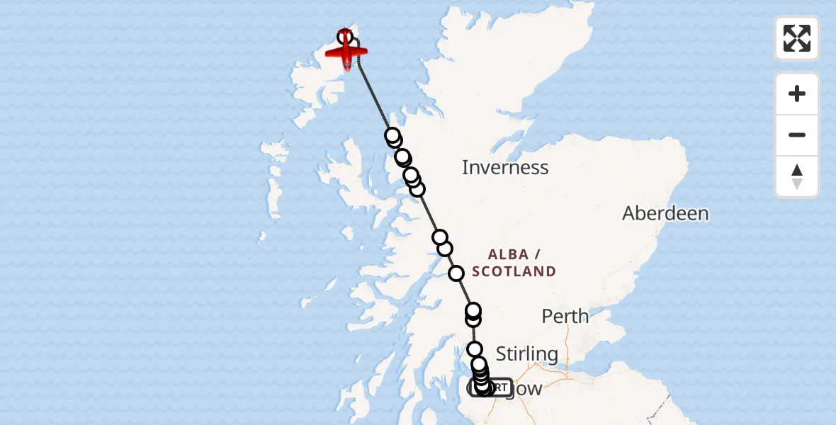 Flight path map showing Air Ambulance Aircraft route from Glasgow Airport to Borgh