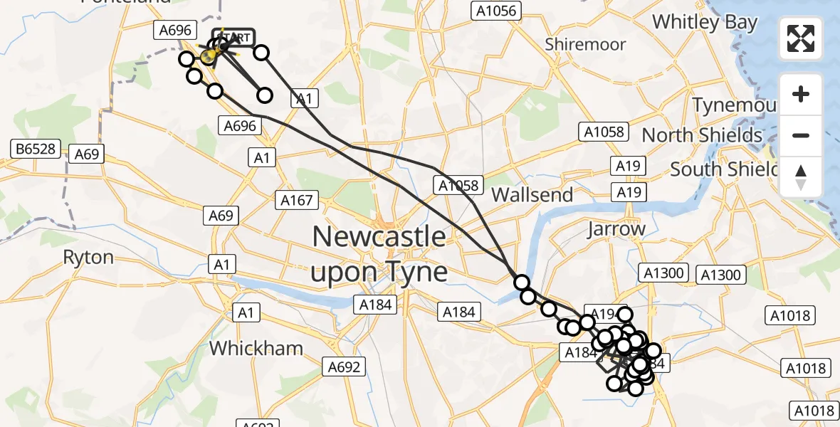 Flight path map showing Police Helicopter route from Newcastle International Airport to Newcastle International Airport