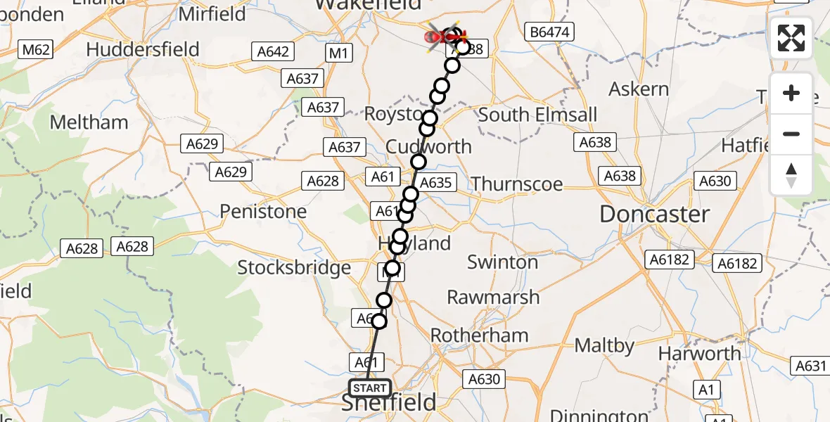 Flight path map showing Air Ambulance Helicopter route from Sheffield to YAA Nostell Helicopter Port