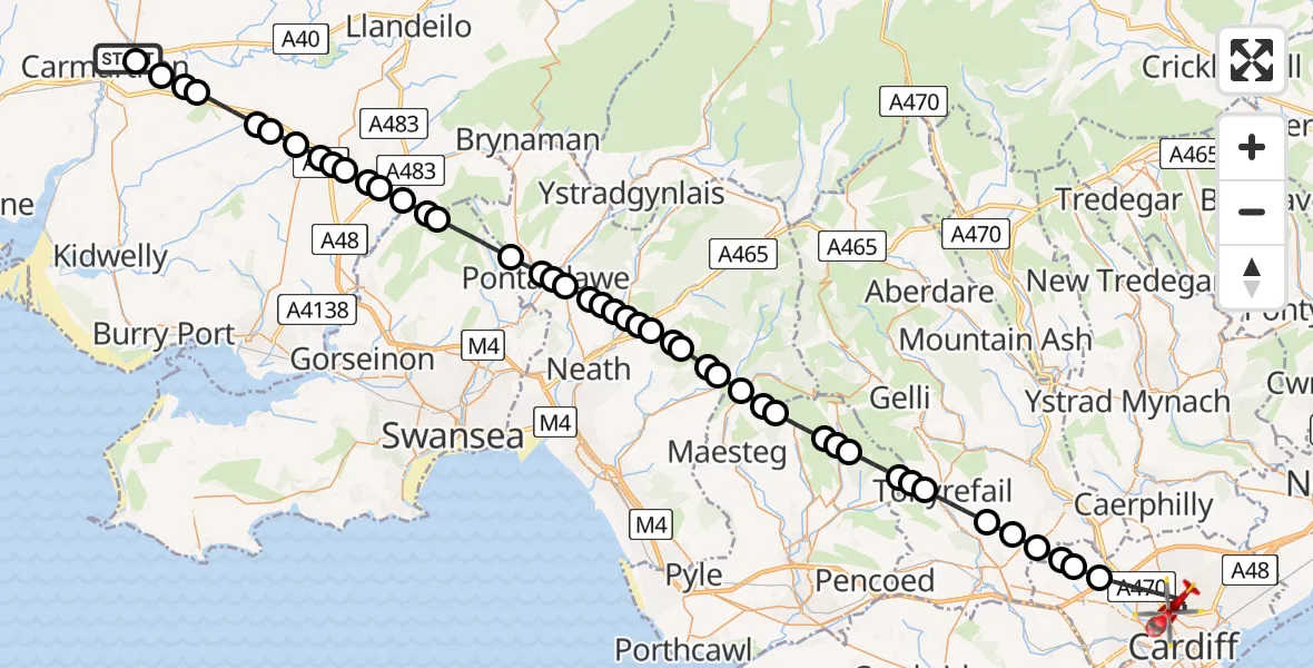 Routekaart van de vlucht: Air Ambulance Helicopter to Cardiff, Dame Shirley Bassey Way