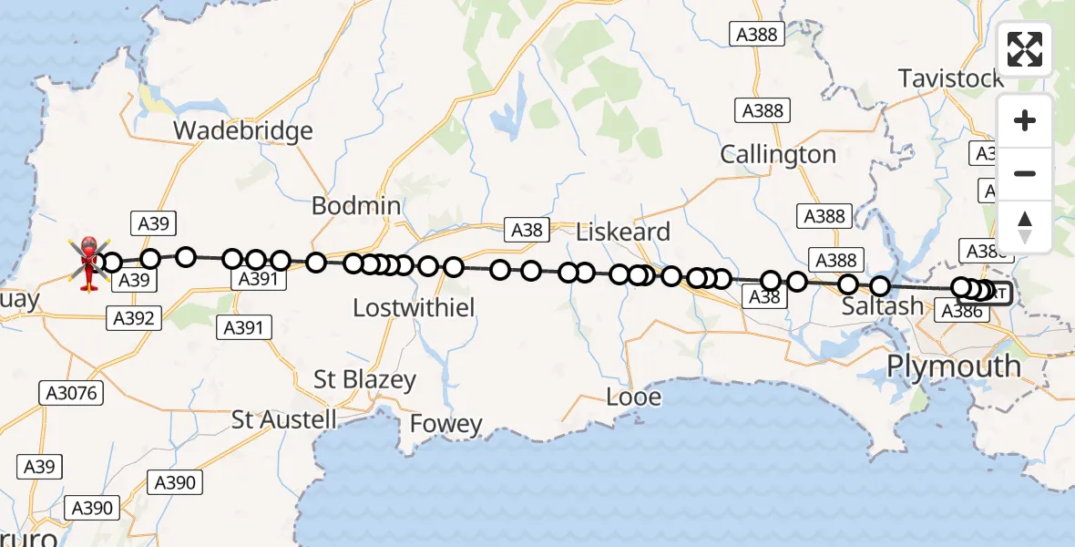 Flight path map showing Air Ambulance Helicopter route from Derriford Hospital to Cornwall Airport Newquay