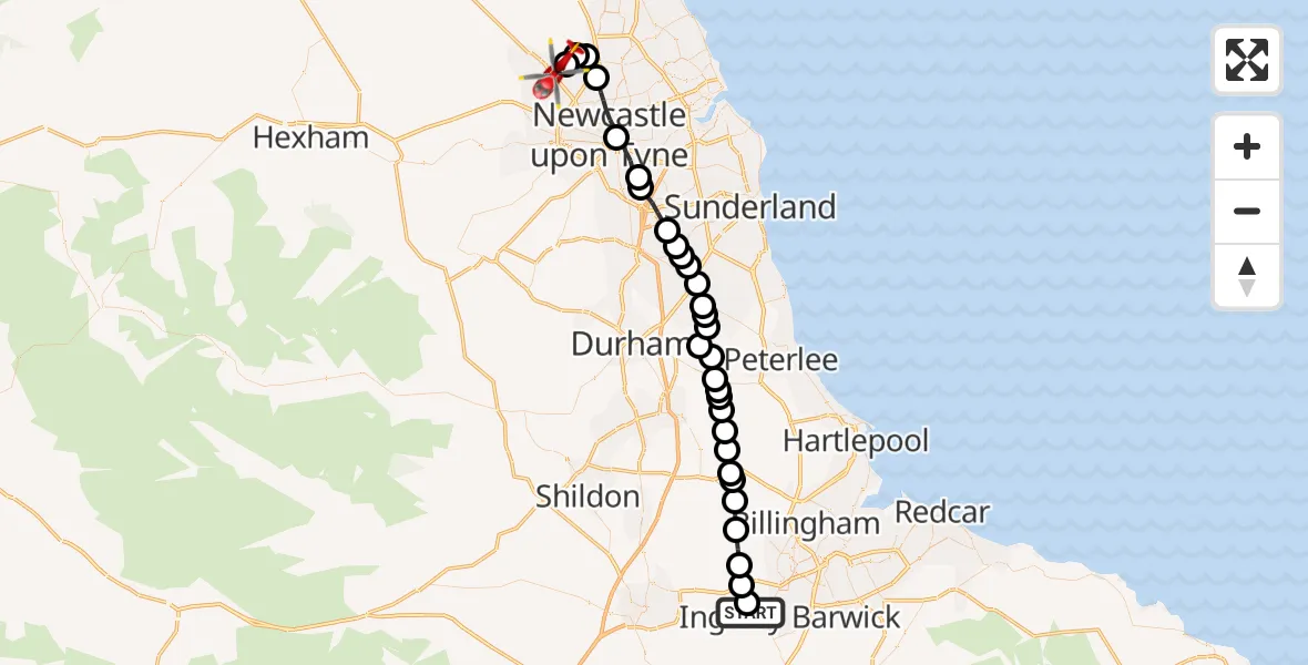 Flight path map showing Air Ambulance Helicopter route from Egglescliffe to Newcastle International Airport