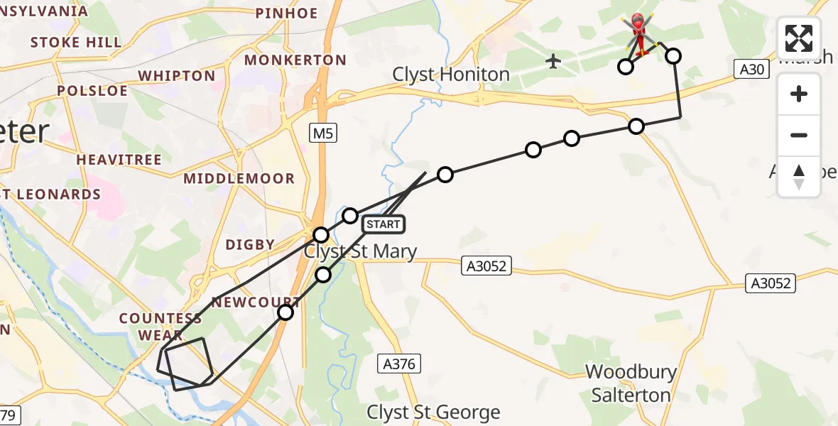 Flight path map showing Air Ambulance Helicopter route from Clyst St Mary to Exeter International Airport