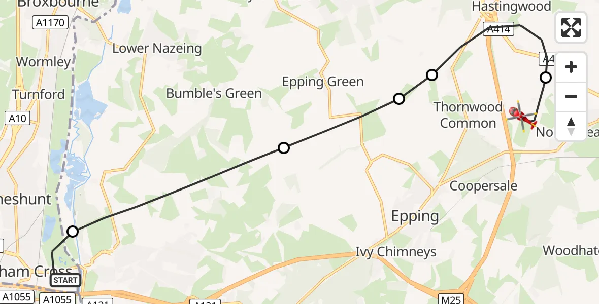 Flight path map showing Air Ambulance Helicopter route from Waltham Cross to North Weald Airfield