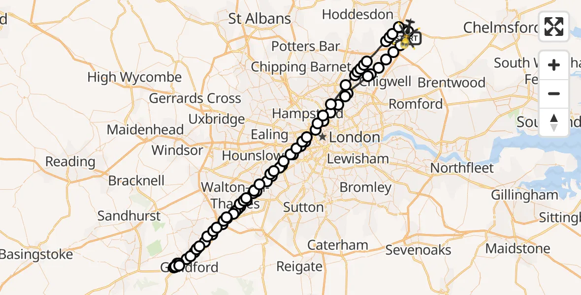 Flight path map showing Police Helicopter route from North Weald Airfield to North Weald Airfield