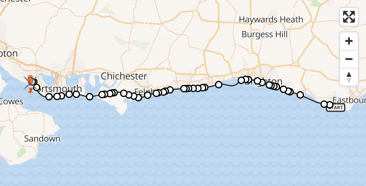 Flight path map showing Coastguard Helicopter route from Friston to Solent Airport
