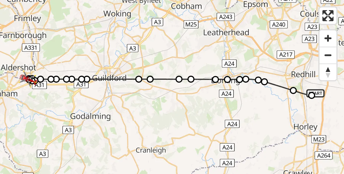 Flight path map showing Air Ambulance Helicopter route from Redhill Aerodrome to Aldershot