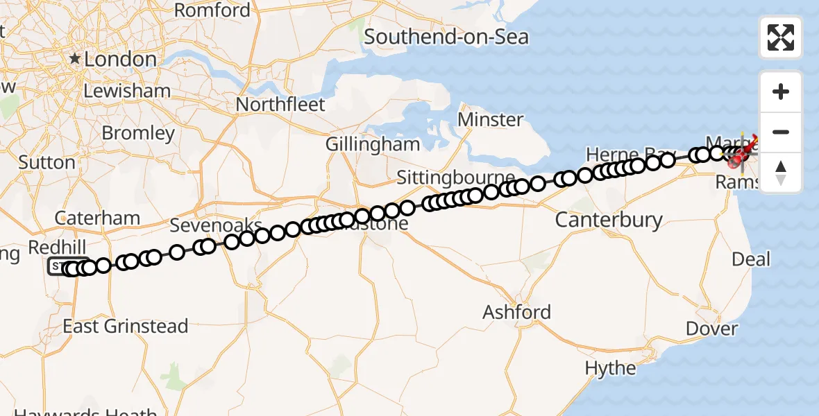 Flight path map showing Air Ambulance Helicopter route from Redhill Aerodrome to Queen Elizabeth The Queen Mother Hospital Heliport