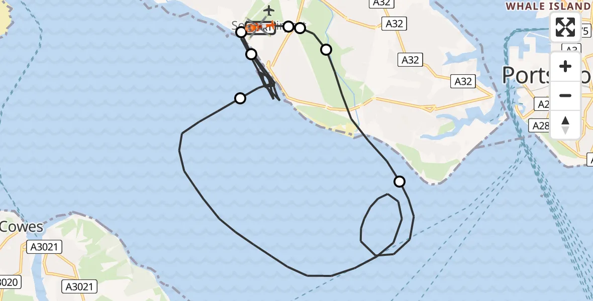 Flight path map showing Coastguard Helicopter route from Solent Airport to Solent Airport
