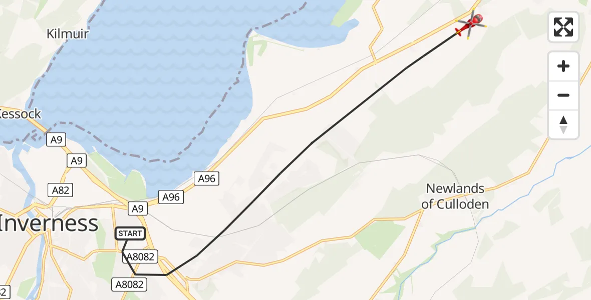 Flight path map showing Air Ambulance Helicopter route from Inverness to Tornagrain