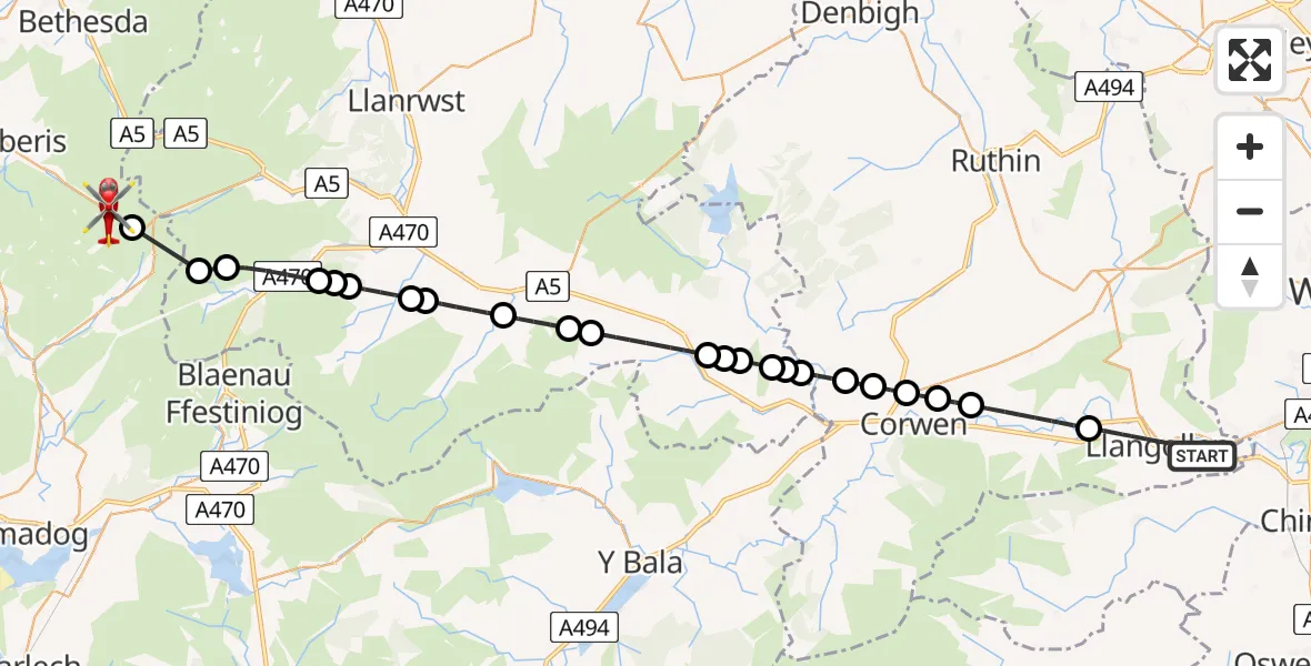 Flight path map showing Air Ambulance Helicopter route from Llangollen to Llanberis