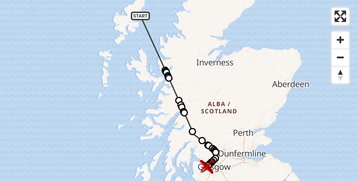 Flight path map showing Air Ambulance Aircraft route from Inner Seas to Glasgow Airport