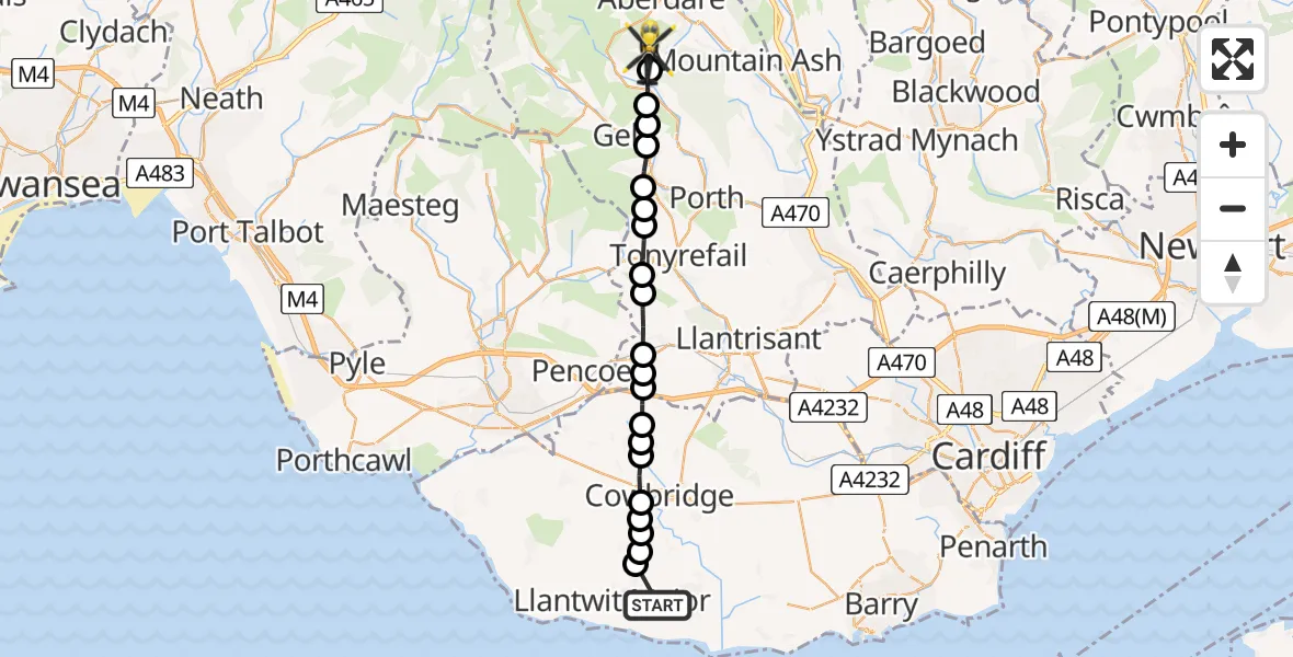 Flight path map showing Police Helicopter route from MOD St Athan to Cwmaman
