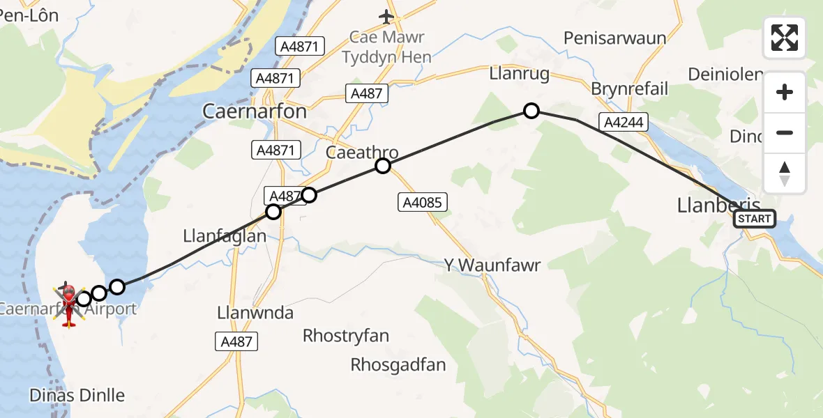 Flight path map showing Air Ambulance Helicopter route from Llanberis to Caernarfon Airport