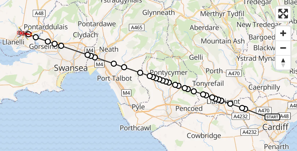 Flight path map showing Air Ambulance Helicopter route from Cardiff to Dafen