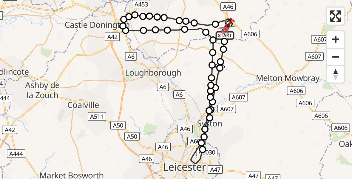 Flight path map showing Air Ambulance Helicopter route from Rushcliffe to Nottingham Heliport