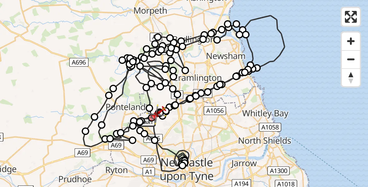Flight path map showing Air Ambulance Helicopter route from Newcastle International Airport to Newcastle International Airport