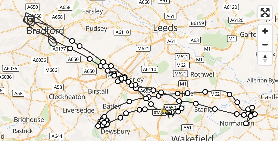 Flight path map showing Police Helicopter route from East Ardsley to East Ardsley