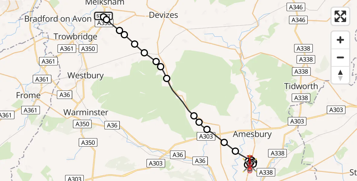 Flight path map showing Air Ambulance Helicopter route from Wiltshire Air Ambulance to Durnford