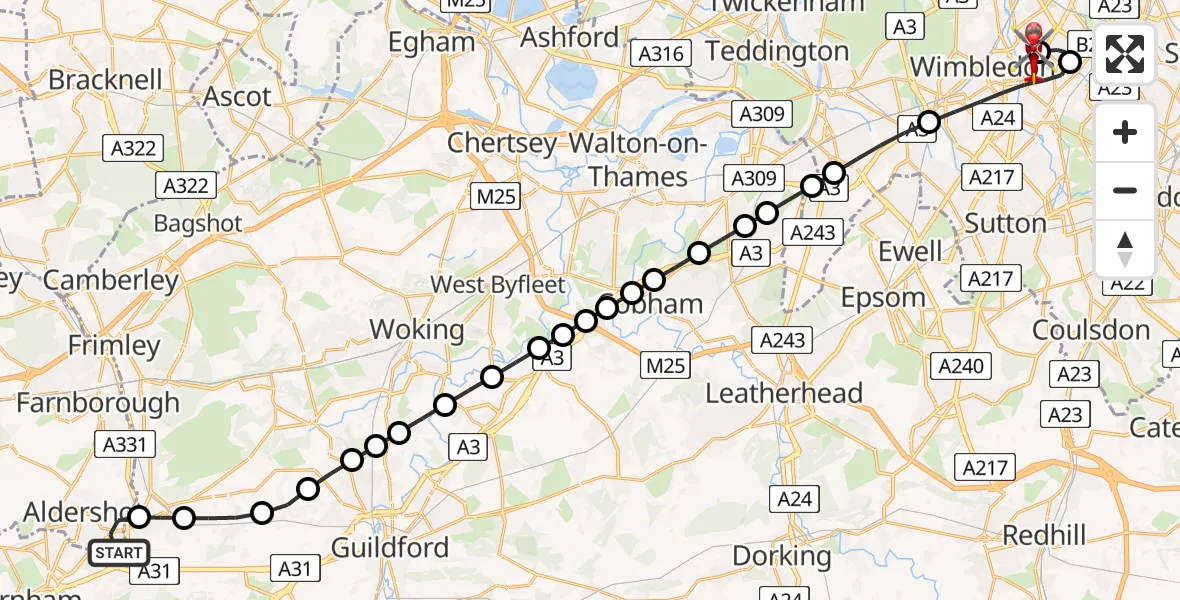 Flight path map showing Air Ambulance Helicopter route from Aldershot to St Georges Hospital