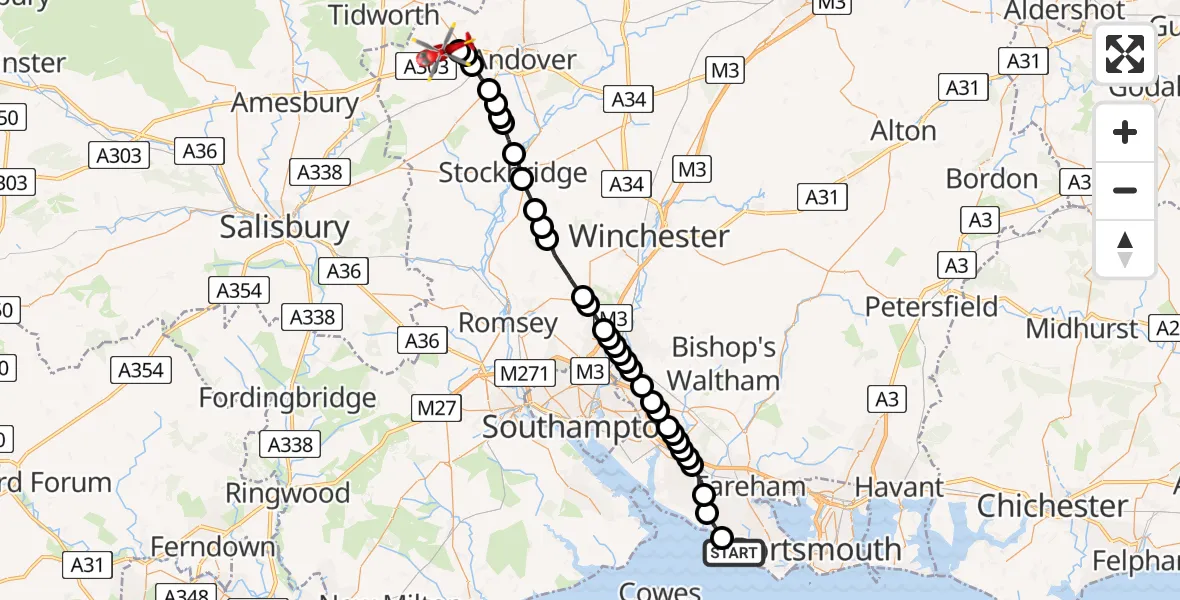 Flight path map showing Air Ambulance Helicopter route from Lee-on-the-Solent to Fyfield