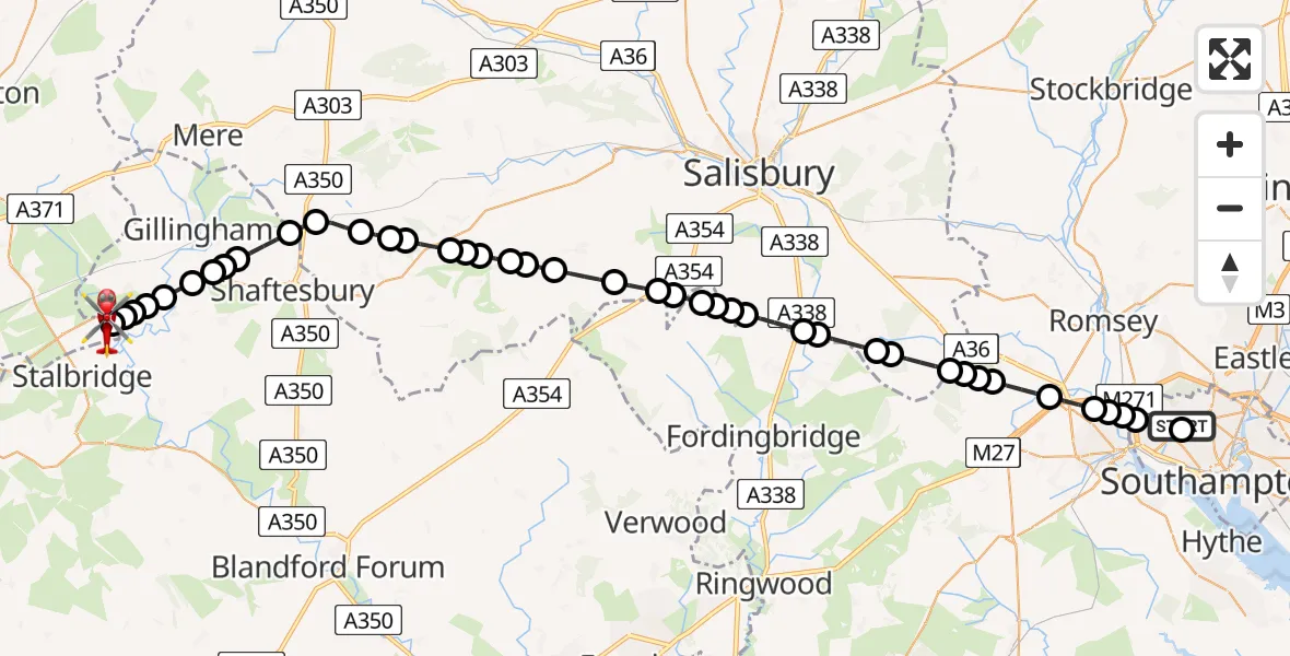 Flight path map showing Air Ambulance Helicopter route from University Hospital Southampton to Henstridge Airfield