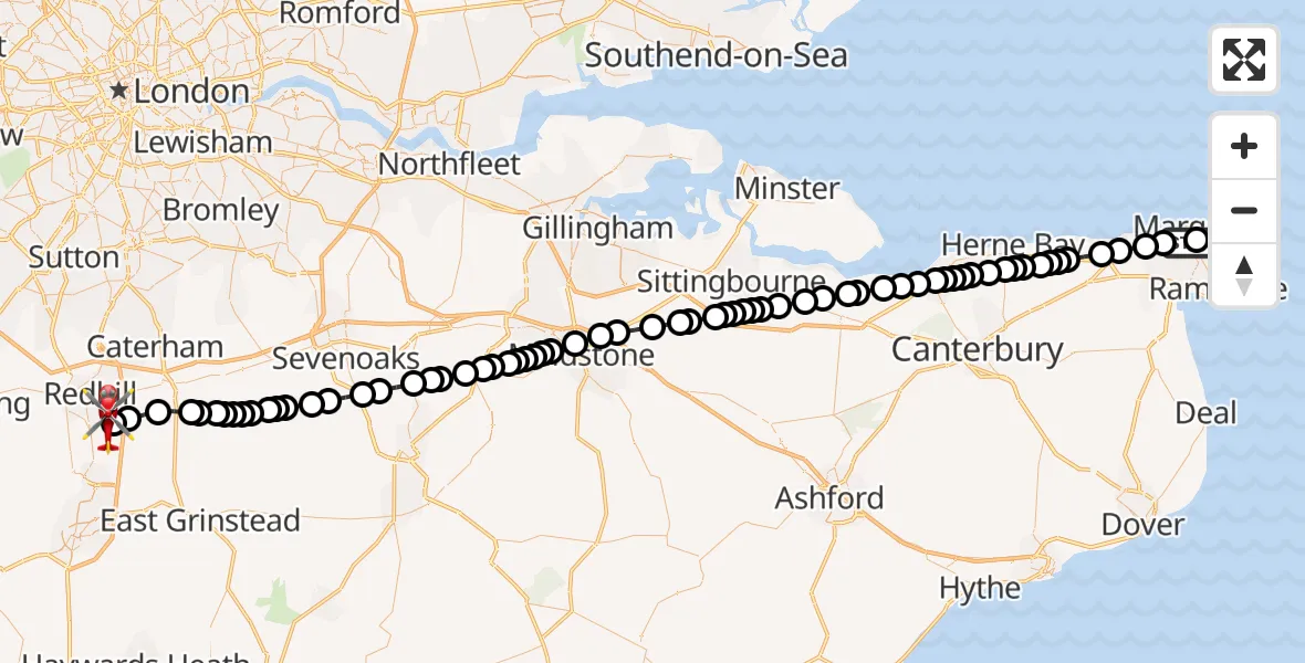 Flight path map showing Air Ambulance Helicopter route from Queen Elizabeth The Queen Mother Hospital Heliport to Redhill Aerodrome