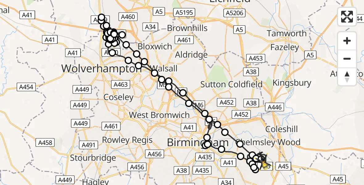 Flight path map showing Police Helicopter route from Birmingham to Birmingham Airport