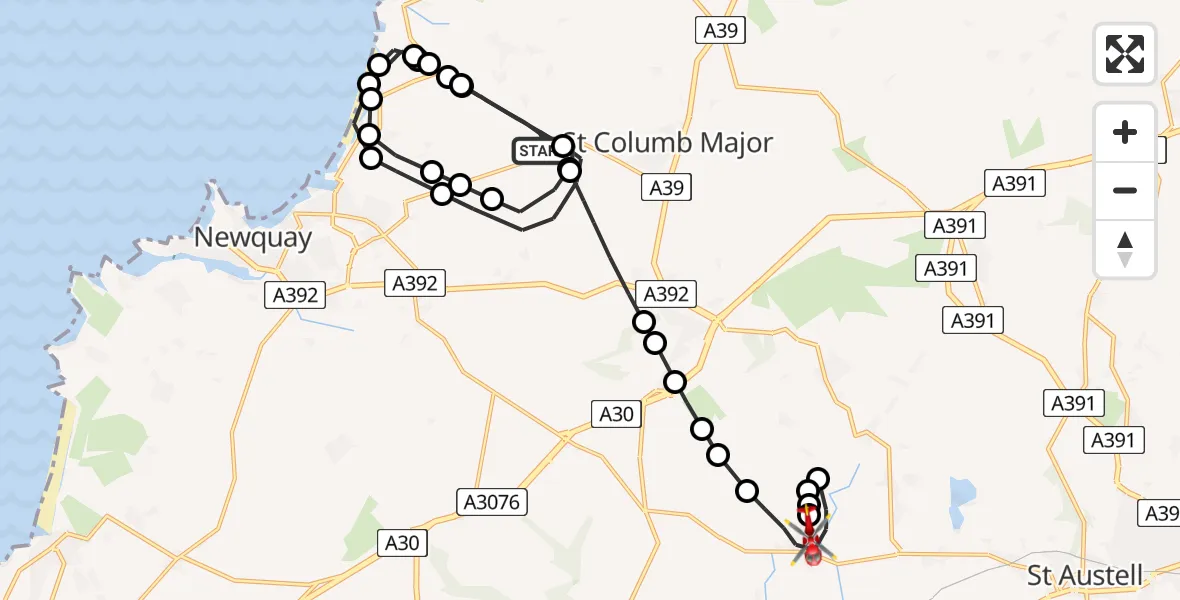 Flight path map showing Air Ambulance Helicopter route from Cornwall Airport Newquay to Trethosa