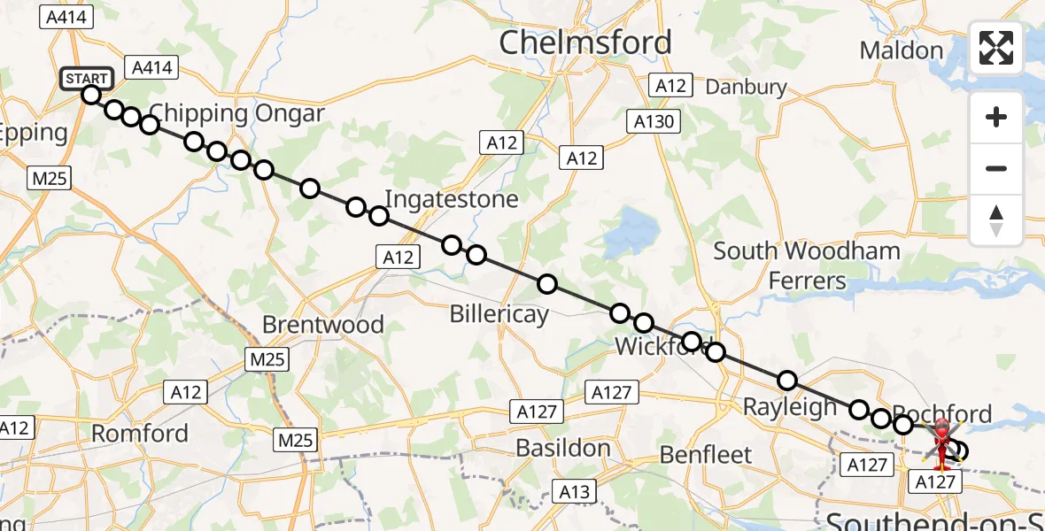 Flight path map showing Air Ambulance Helicopter route from North Weald Airfield to London Southend Airport