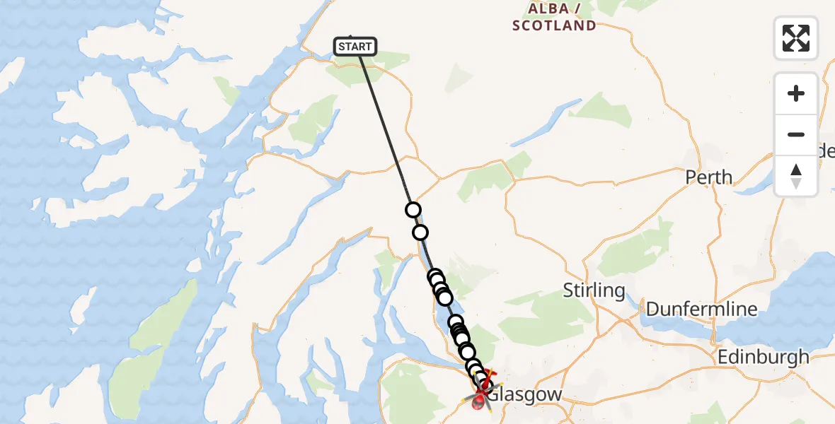 Flight path map showing Air Ambulance Helicopter route from Kinlochleven to Glasgow Airport