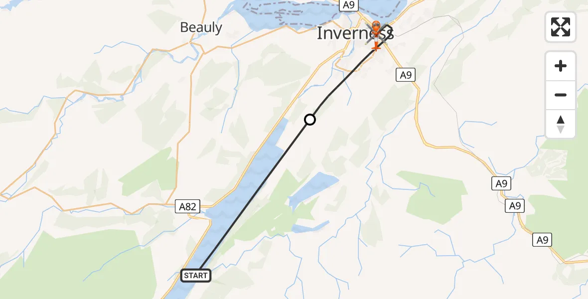 Flight path map showing Coastguard Helicopter route from Loch Ness to Inverness