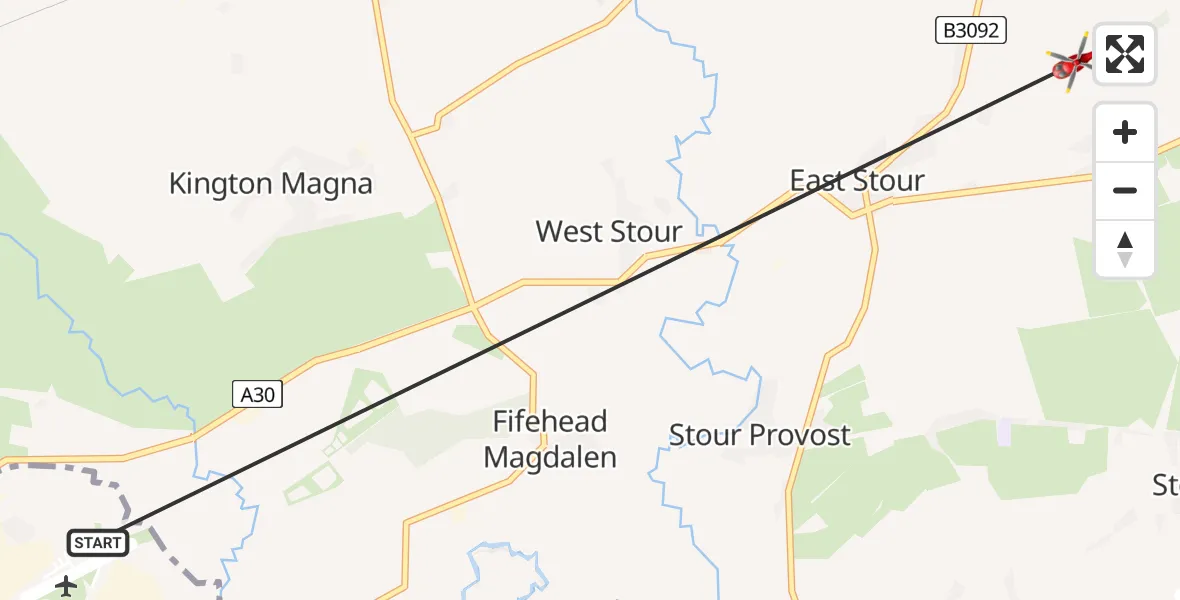 Flight path map showing Air Ambulance Helicopter route from Henstridge Airfield to Gillingham