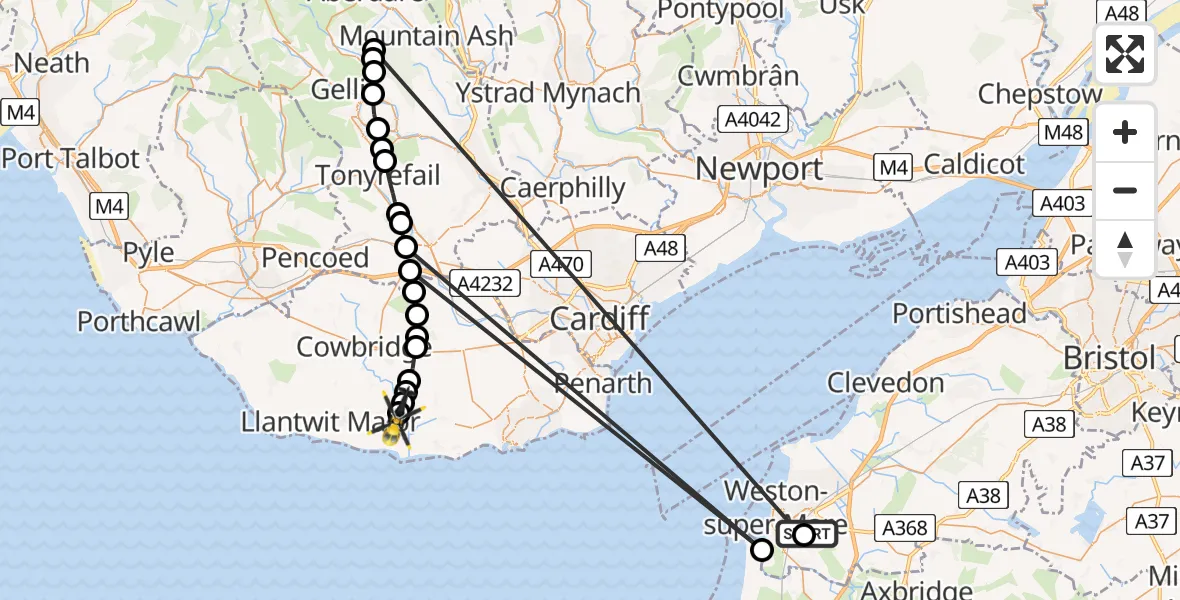 Flight path map showing Police Helicopter route from Weston-super-Mare to Flemingston