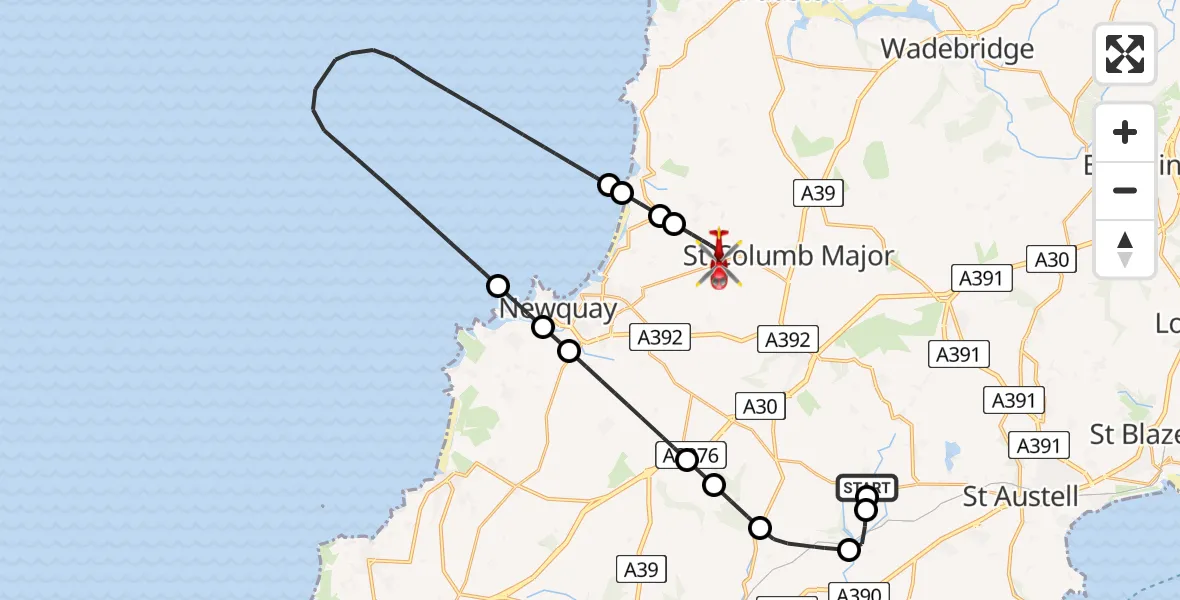 Flight path map showing Air Ambulance Helicopter route from St. Stephen-in-Brannel to Cornwall Airport Newquay