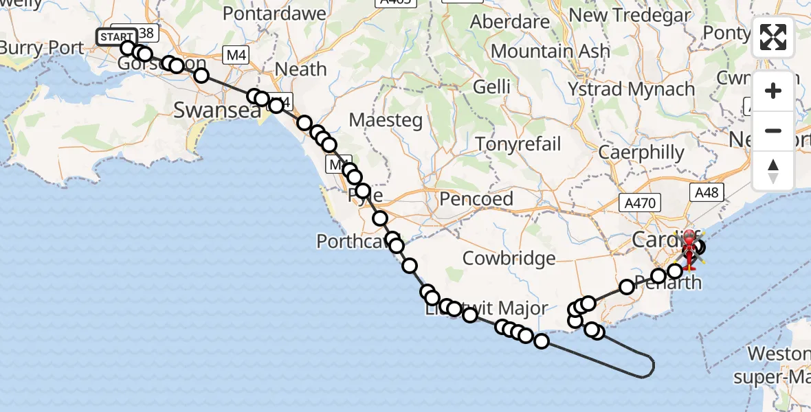 Flight path map showing Air Ambulance Helicopter route from Dafen to Cardiff Heliport
