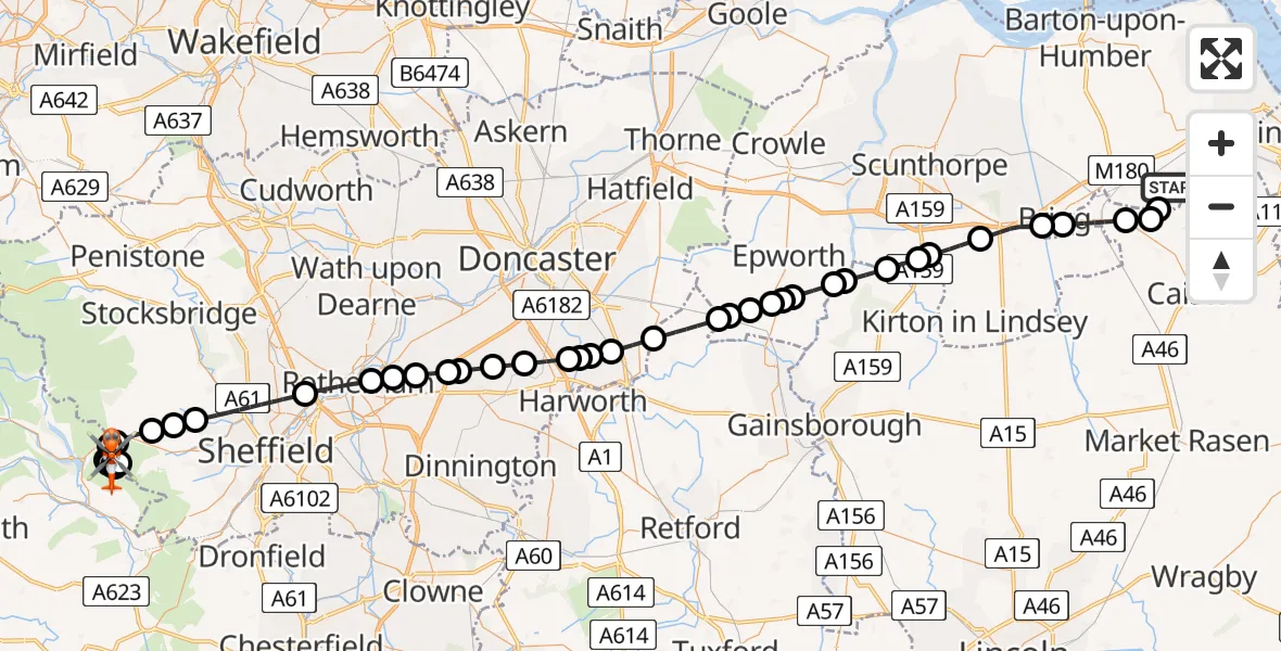 Flight path map showing Coastguard Helicopter route from Humberside Airport to Sheffield