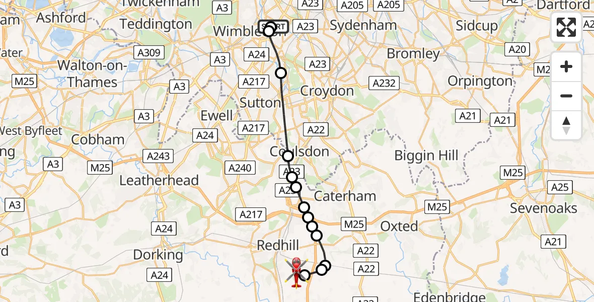 Flight path map showing Air Ambulance Helicopter route from St Georges Hospital to Redhill Aerodrome
