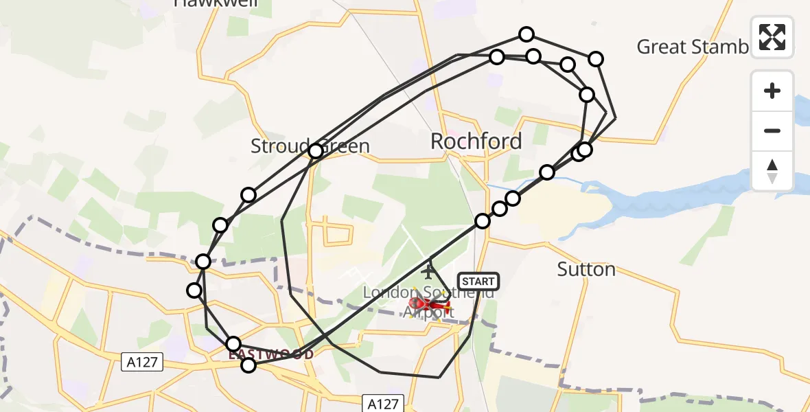 Flight path map showing Air Ambulance Helicopter route from London Southend Airport to London Southend Airport