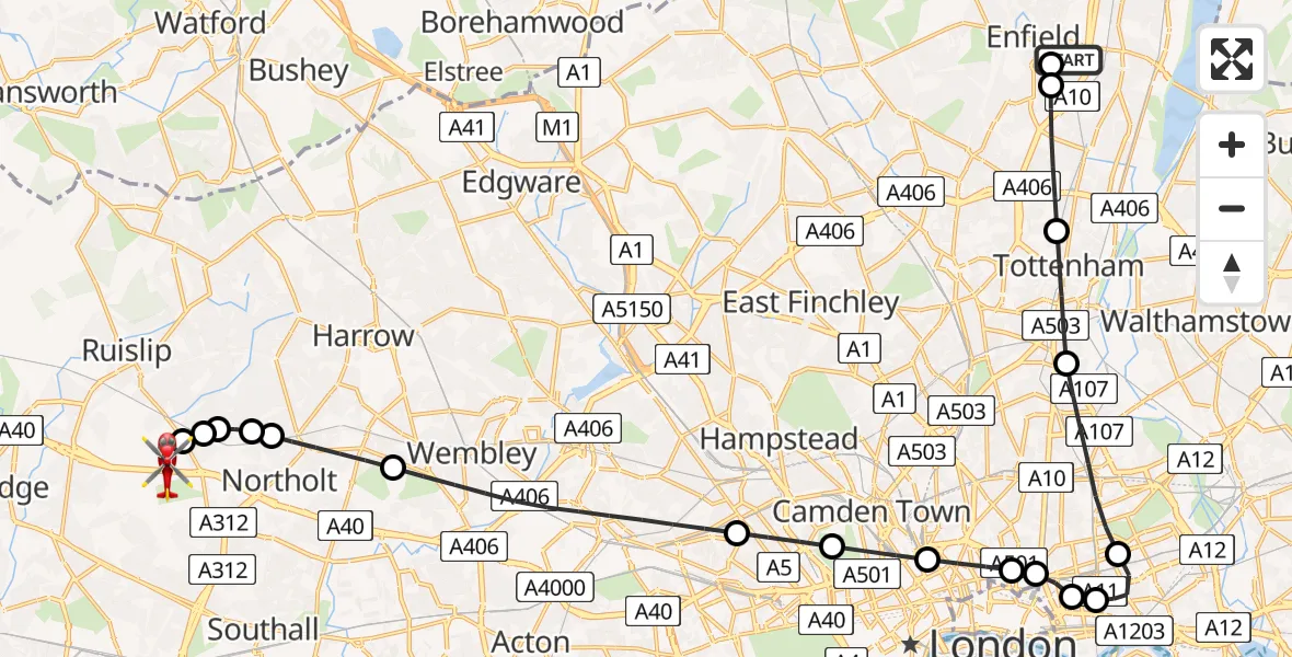 Flight path map showing Air Ambulance Helicopter route from London Borough of Enfield to RAF Northolt