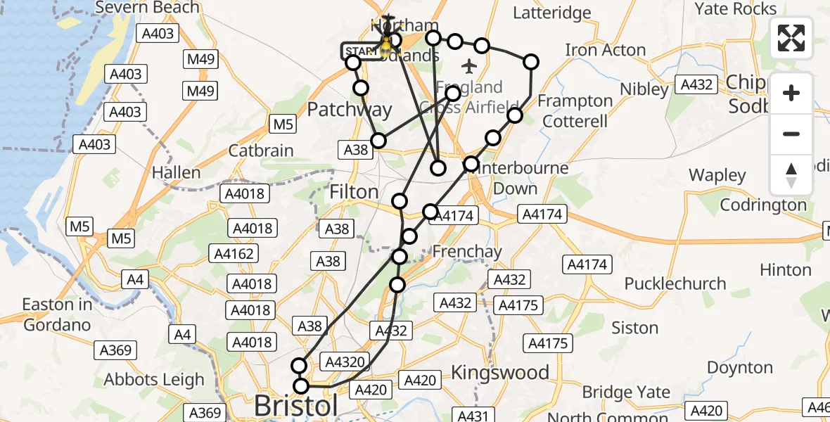 Flight path map showing Police Helicopter route from Almondsbury to Almondsbury Helicopter Base