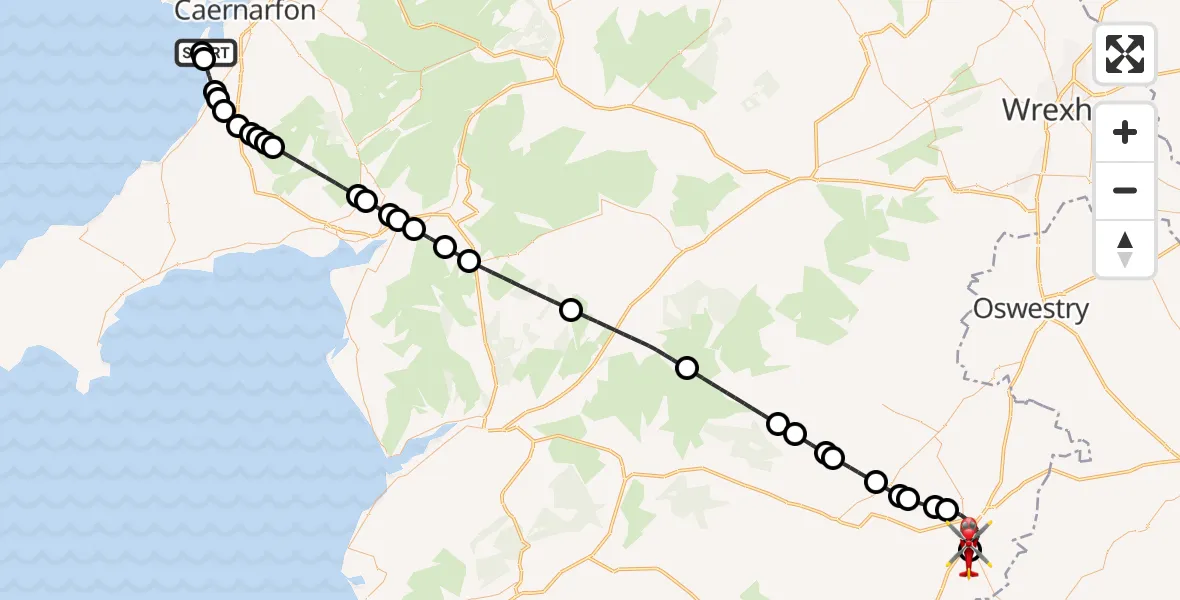 Flight path map showing Air Ambulance Helicopter route from Caernarfon Airport to Welshpool Airport